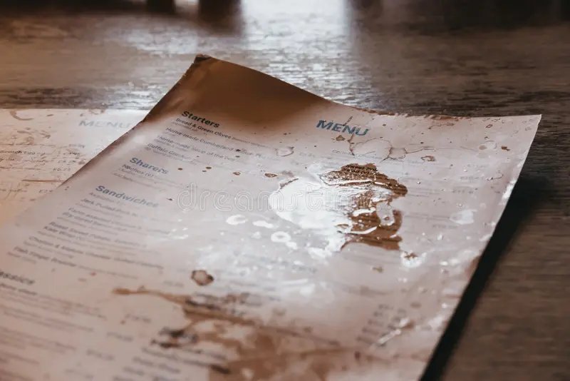 A paper menu covered in wine and beer stains on a wooden café table